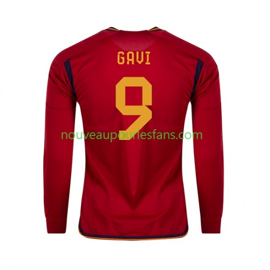 Maillot Espagne Gavi 9 Homme Tenue Domicile Coupe du Monde 2022 Manche Longue