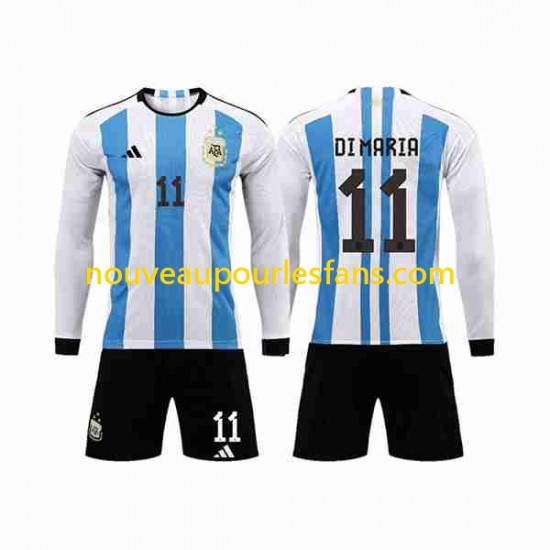 Maillot Argentine 3 Stars Di Maria 11 Enfant Tenue Domicile Coupe du Monde 2022 Manche Longue