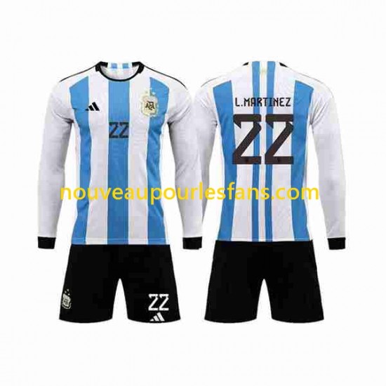 Maillot Argentine 3 Stars Lautaro Martinez 22 Enfant Tenue Domicile Coupe du Monde 2022 Manche Longue