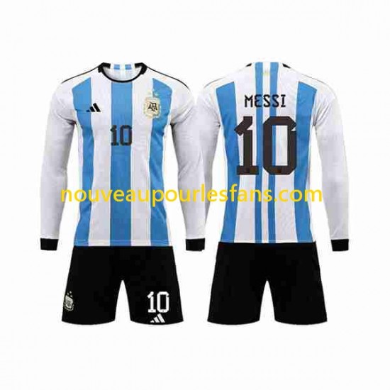 Maillot Argentine 3 Stars Lionel Messi 10 Enfant Tenue Domicile Coupe du Monde 2022 Manche Longue