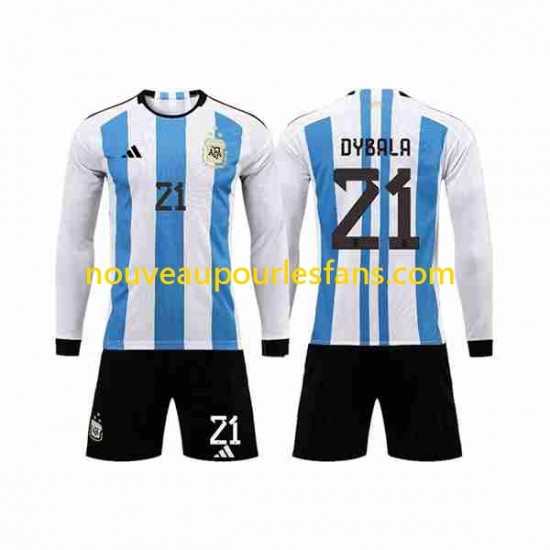 Maillot Argentine 3 Stars Paulo Dybala 21 Enfant Tenue Domicile Coupe du Monde 2022 Manche Longue