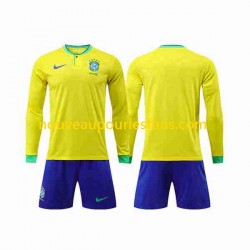 Maillot Brésil Enfant Tenue Domicile Coupe du Monde 2022 Manche Longue