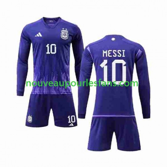 Maillot Argentine 3 Stars Lionel Messi 10 Enfant Tenue Extérieur Coupe du Monde 2022 Manche Longue