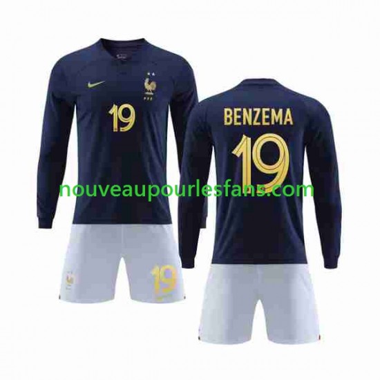 Maillot France Benzema 19 Enfant Tenue Domicile Coupe du Monde 2022 Manche Longue