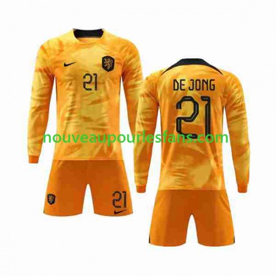 Maillot Pays-Bas De Jong 21 Enfant Tenue Domicile Coupe du Monde 2022 Manche Longue