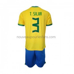 Maillot Brésil Thiago Silva 3 Enfant Tenue Domicile Coupe du Monde 2022 Manche Courte