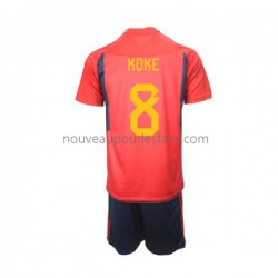 Maillot Espagne Koke 8 Enfant Tenue Domicile Coupe du Monde 2022 Manche Courte